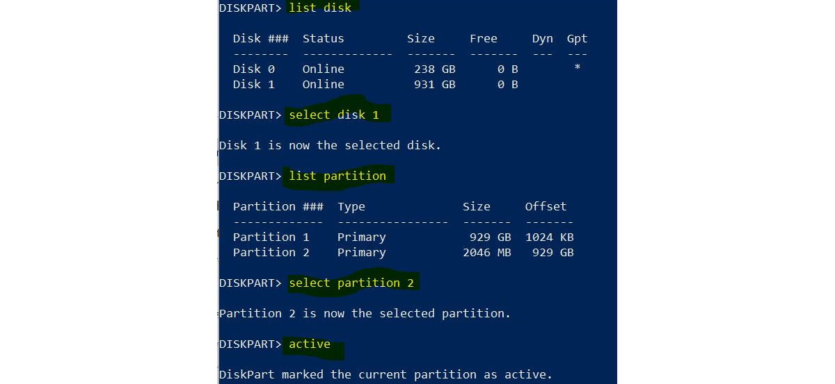 diskpart makes partition active and bootable