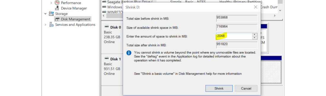 Enter amount to shrink partition